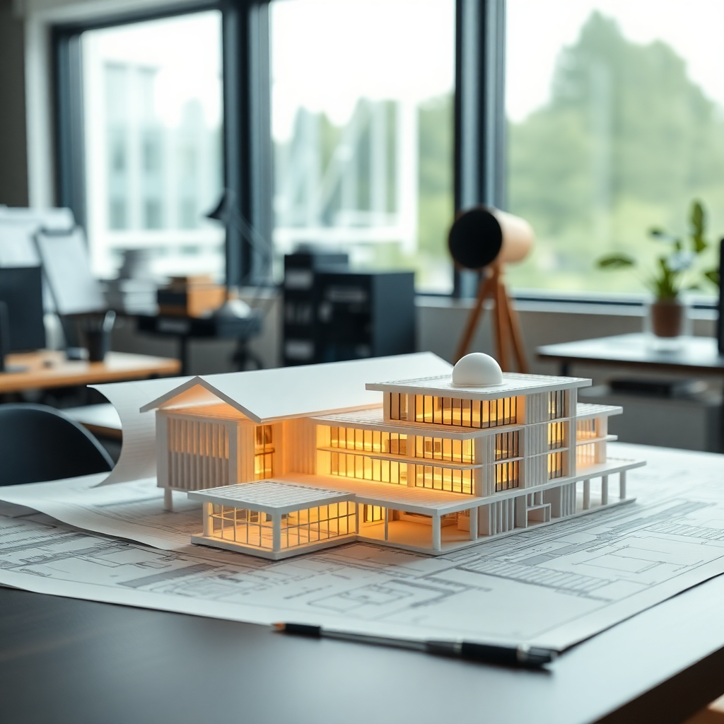 modern architectural blueprints and 3D building models on desk, professional design studio