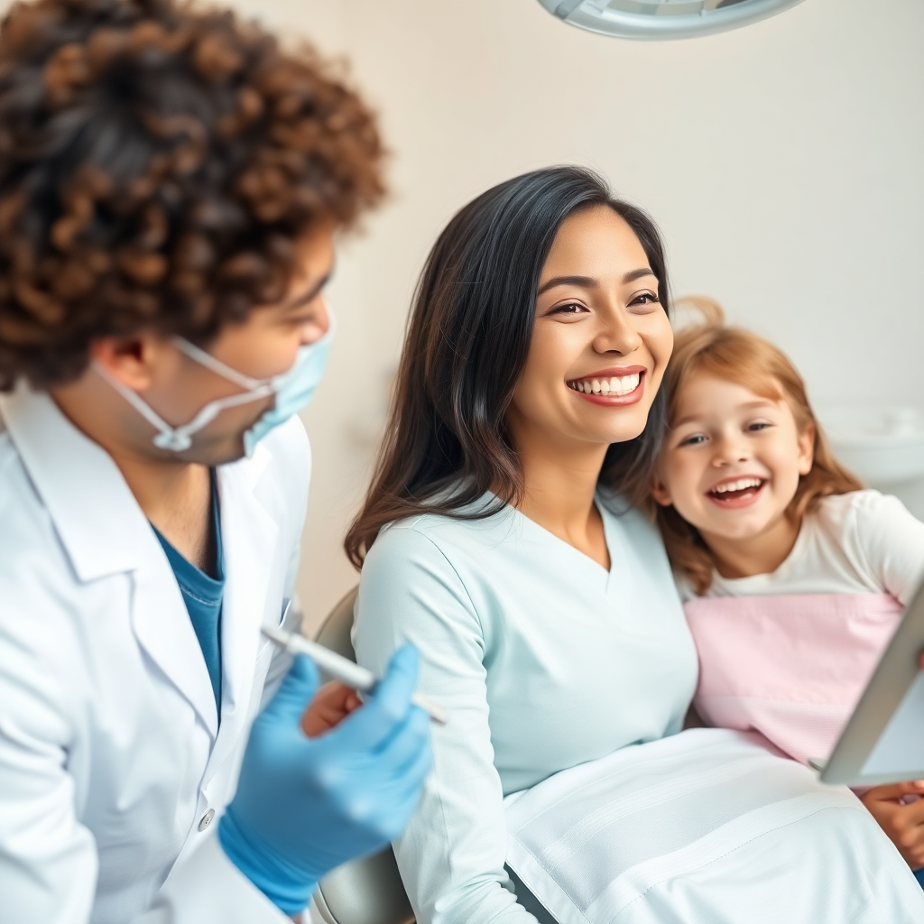 happy family smiling with healthy teeth general dentistry checkup bright modern dental office