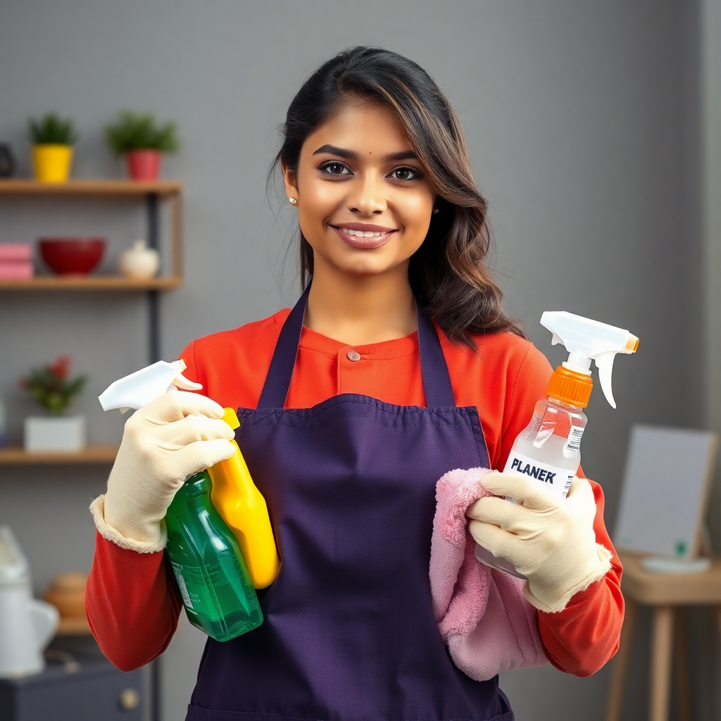 Professional Indian female cleaner with cleaning supplies, confident posture, realistic photography