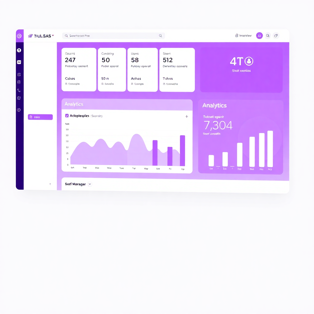 SaaS dashboard interface with clean purple and white color palette, showing analytics and user management