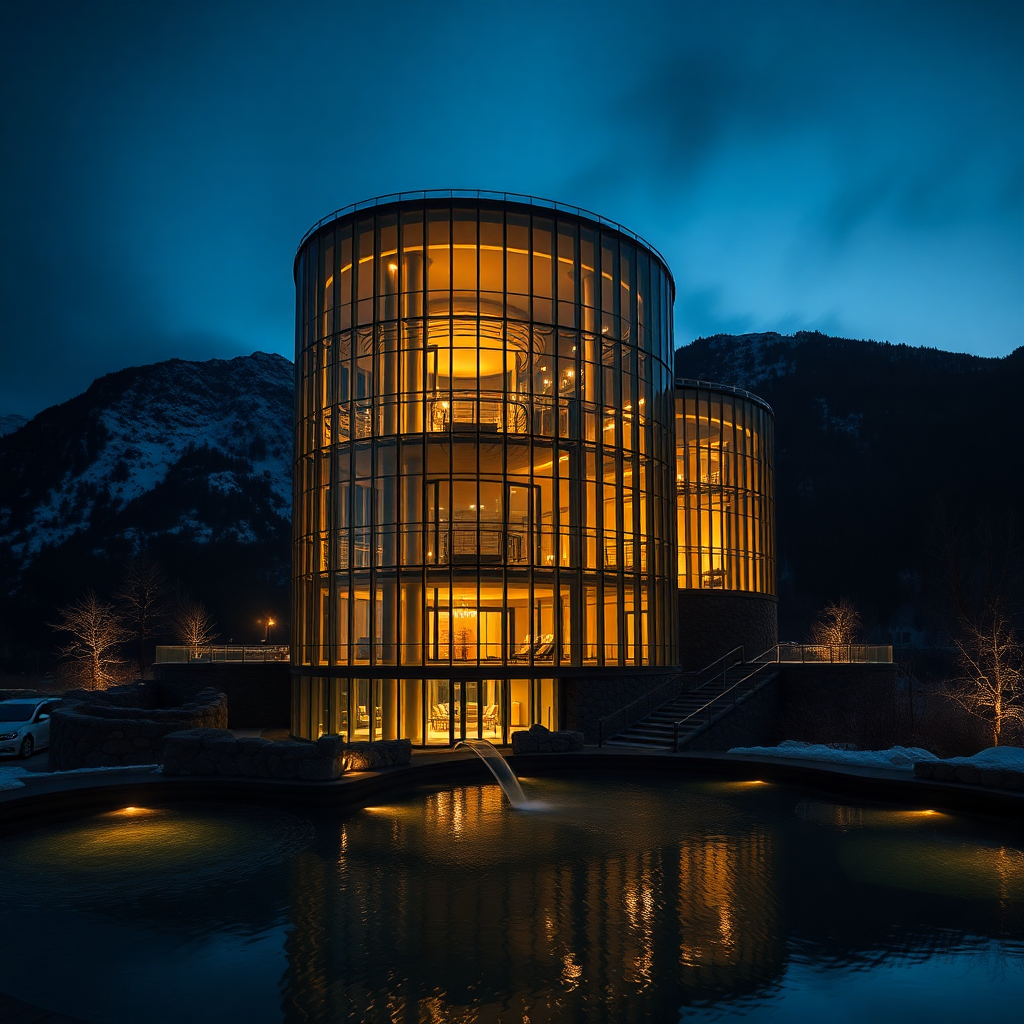 Caldea thermal spa Andorra iconic glass tower steam thermal waters Escaldes-Engordany night editorial luxury dark cinematic champagne gold tones Pyrenees mountain wellness architecture