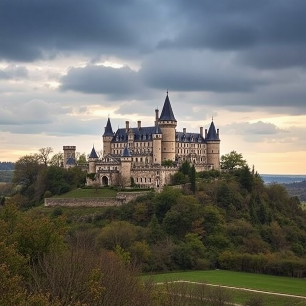 historic castle on hilltop in Loire Valley France, dramatic landscape photography