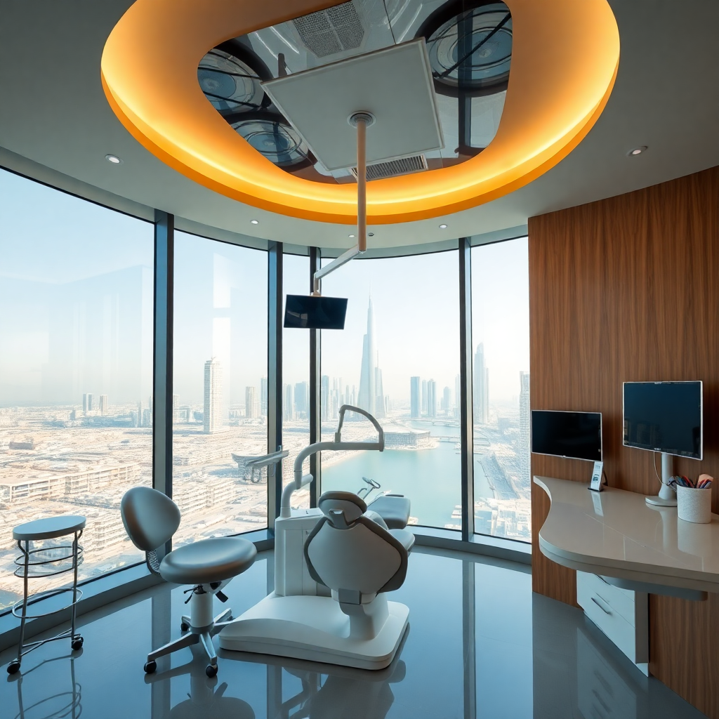 Luxury dental clinic in Jumeirah Dubai with modern interior and city skyline view