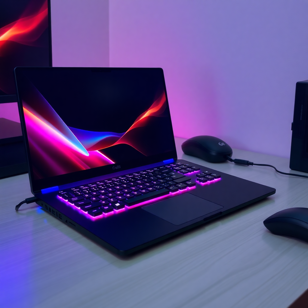gaming laptop with RGB keyboard on desk, tech product photography