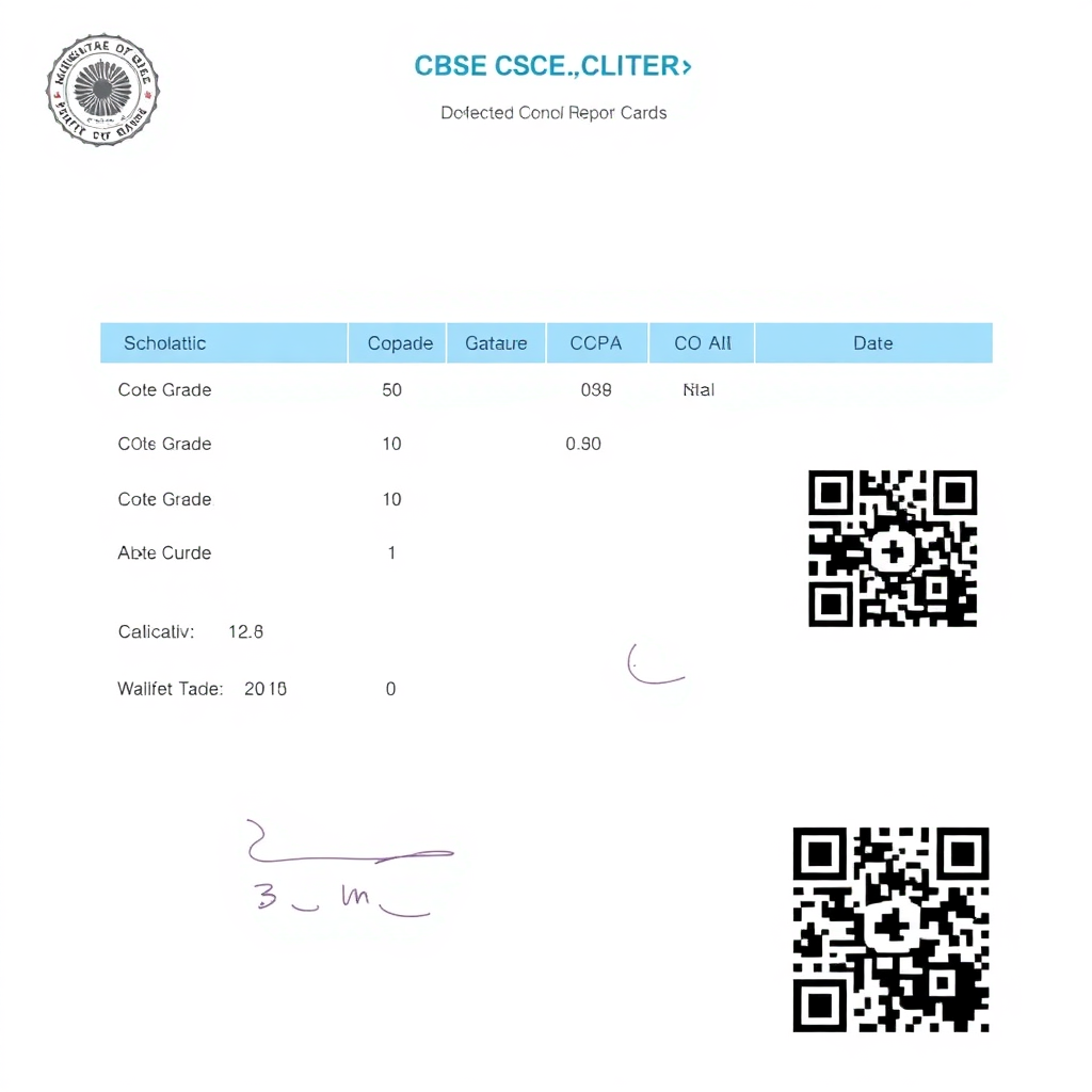 CBSE CCE report card interface showing scholastic and co-scholastic grades, CGPA calculation, digital signature, QR code verification