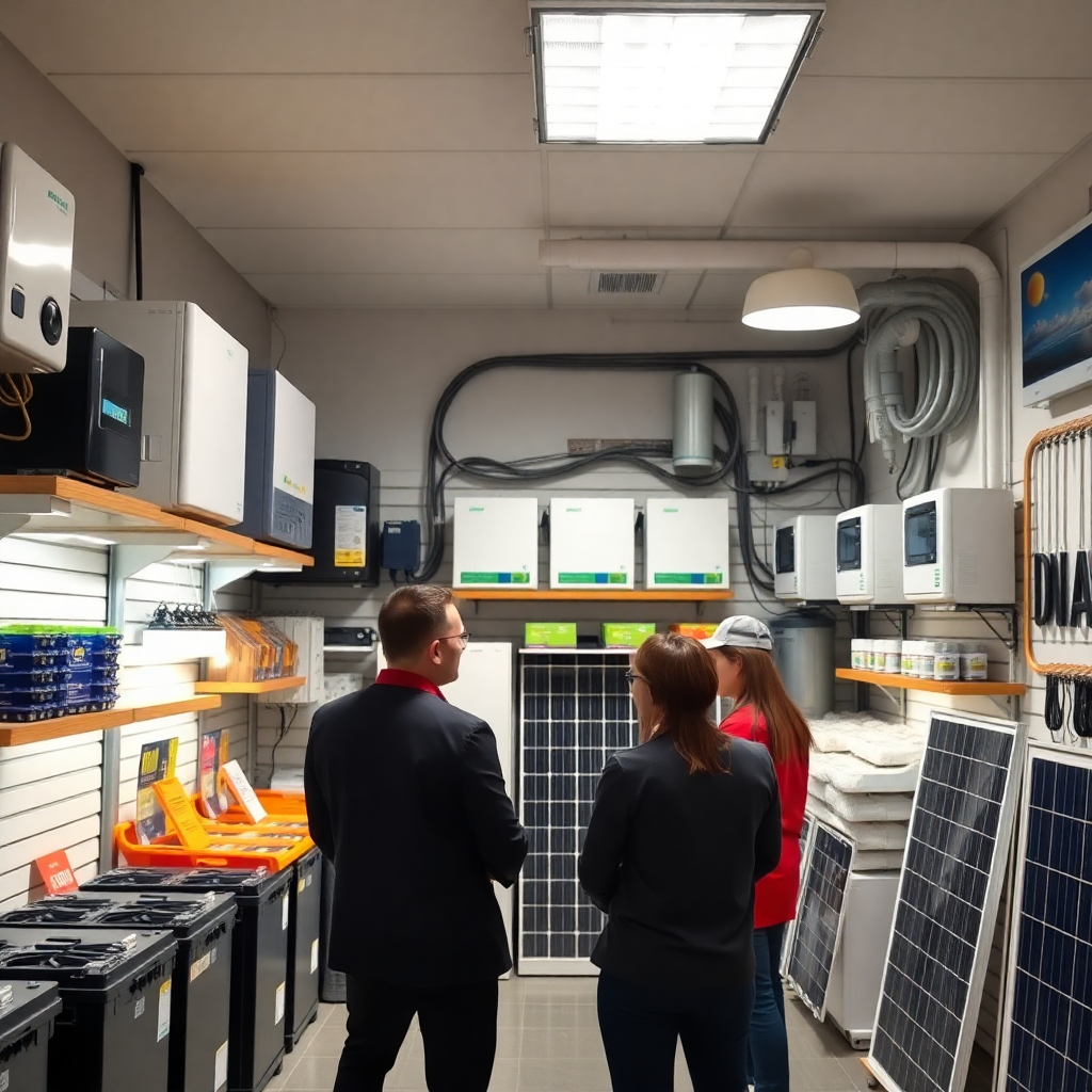 modern electrical store showroom with batteries, inverters and solar panels display, professional lighting, customers consulting with expert staff