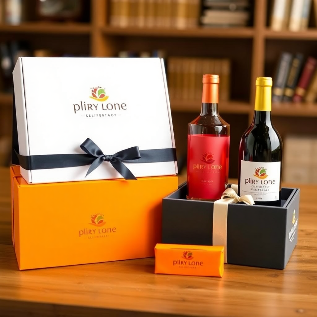 Custom designed gift boxes with company logo, brand colors, personalized corporate gifts
