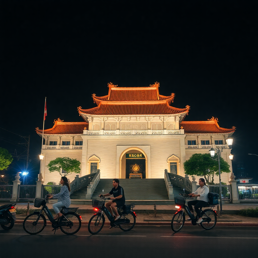 hanoi vietnam landmarks, temple of literature and electric bikes, professional photography