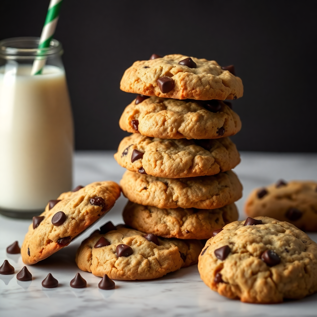 gourmet chocolate chip cookies stacked on a marble surface with milk, soft warm lighting, professional food photography