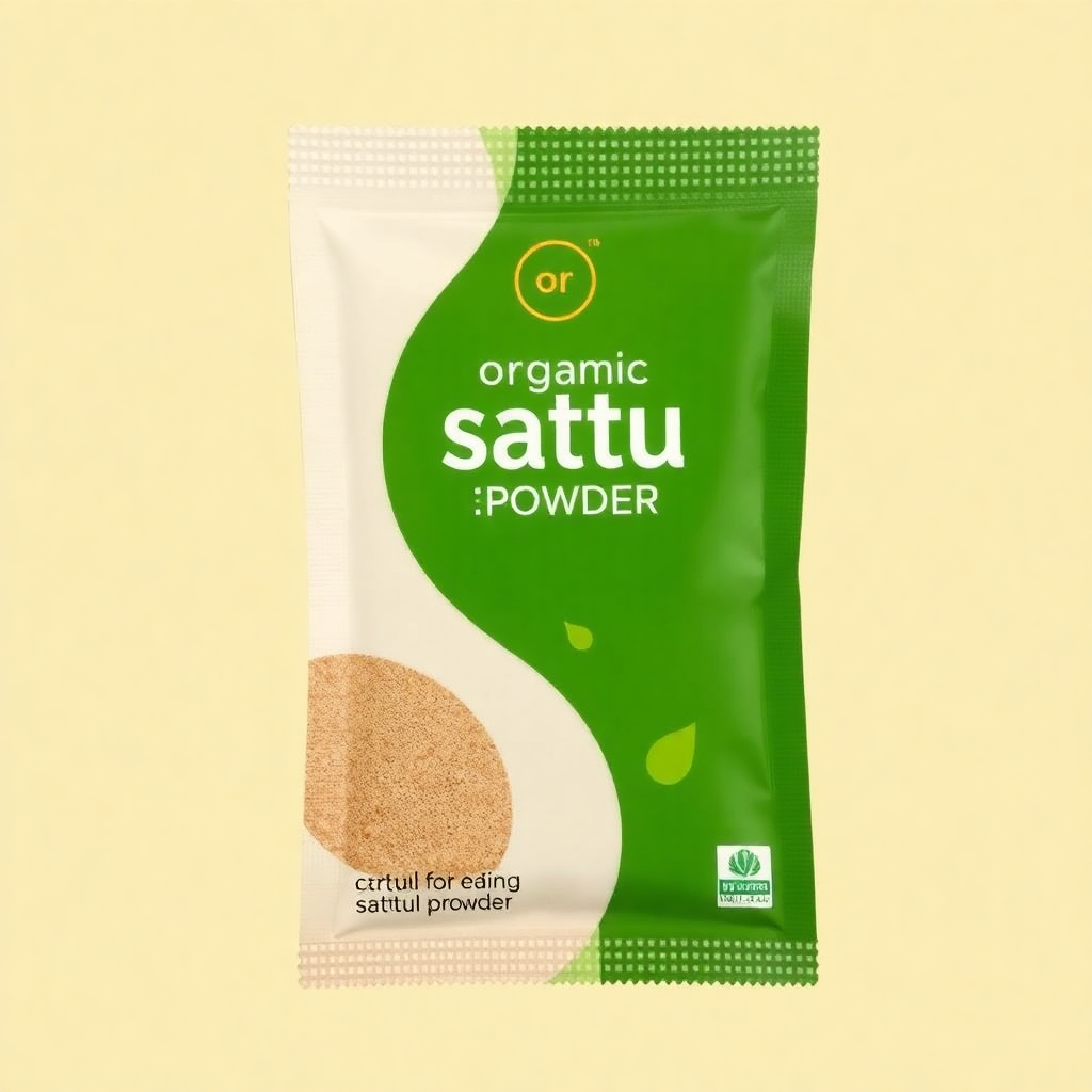 single sachet of organic sattu powder, branded packaging, on-the-go format, clean design