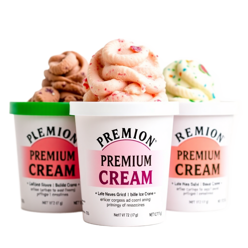 three pints of premium ice cream standing together, colorful packaging