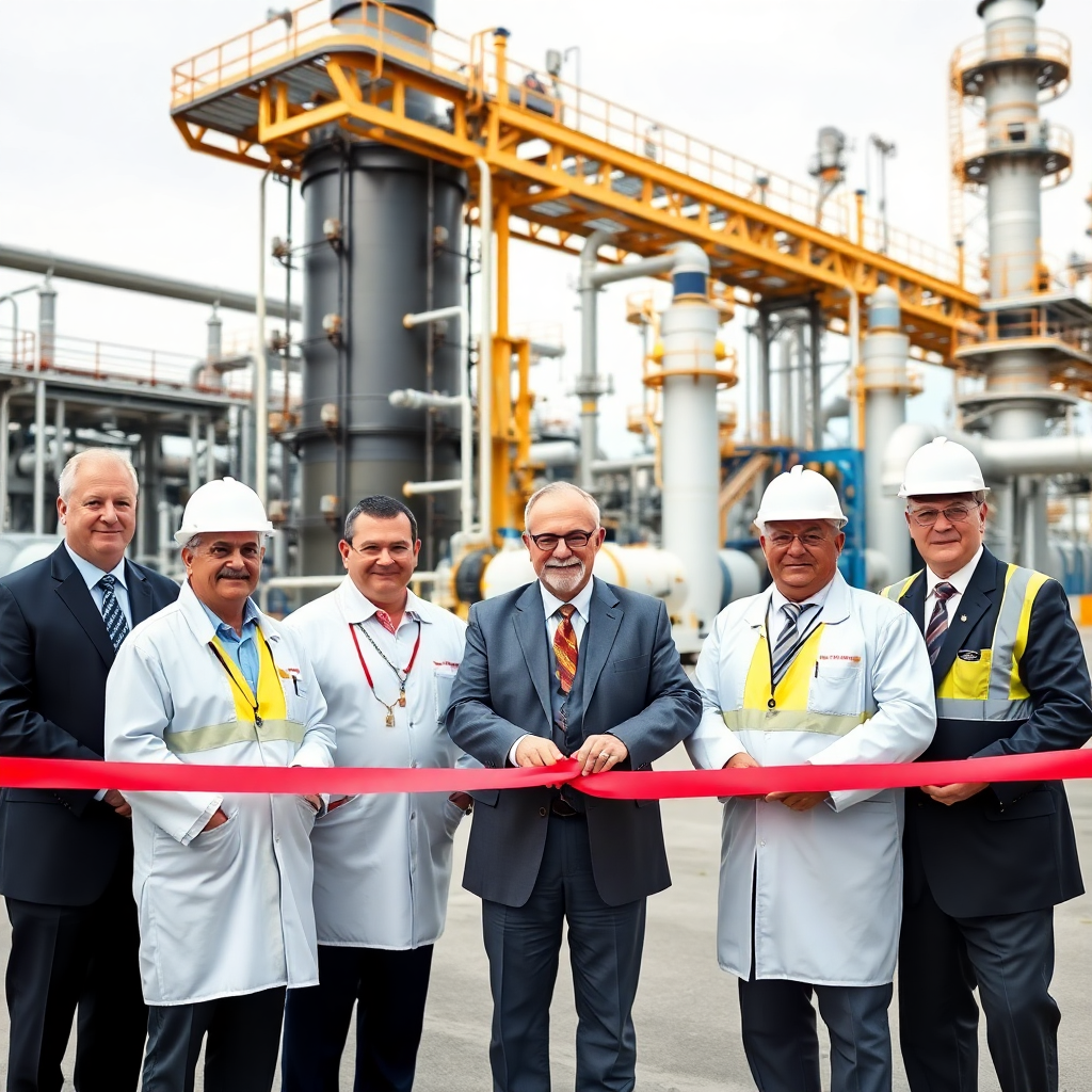 major oil refinery project completion ceremony with officials and industrial facility in background