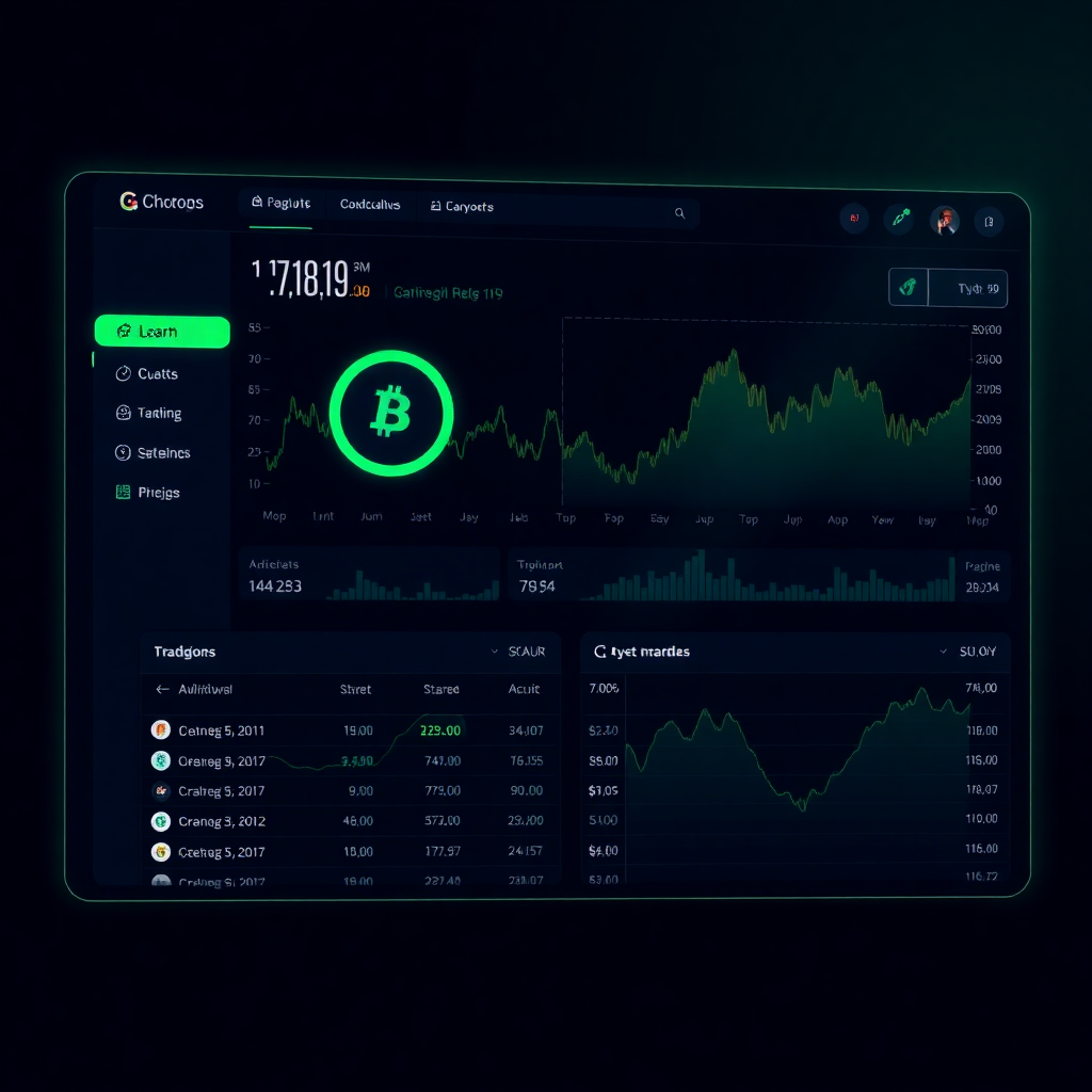 blockchain dashboard interface, cryptocurrency trading platform, dark theme with neon green accents