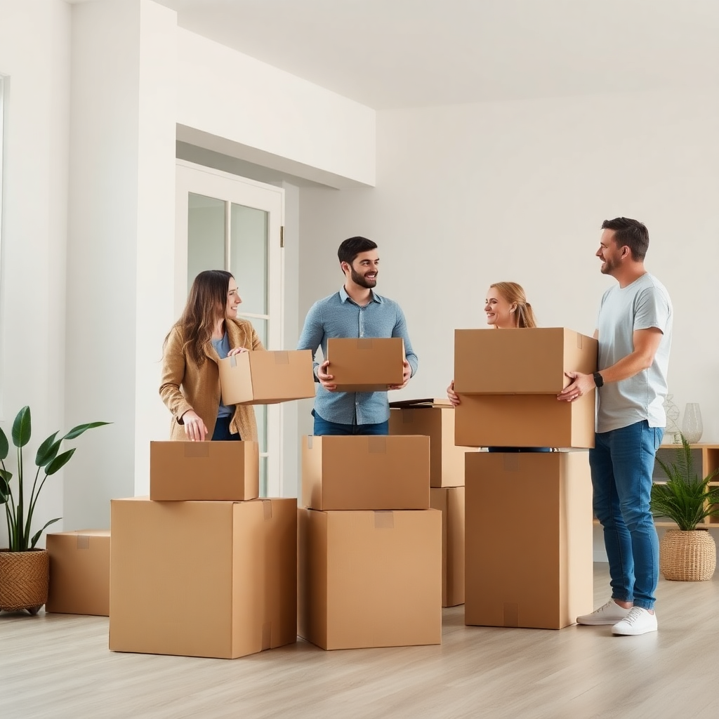 moderne familie die dozen verhuist naar nieuw huis, professionele fotografie, helder en uitnodigend