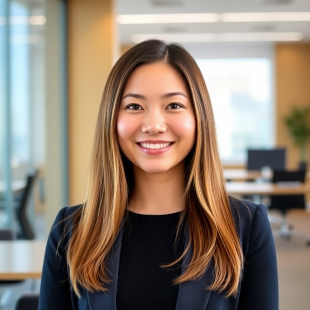 Professional portrait of Asian woman Joanna Zhou, career coach, warm smile, business casual attire, modern office background, natural lighting, confident and approachable