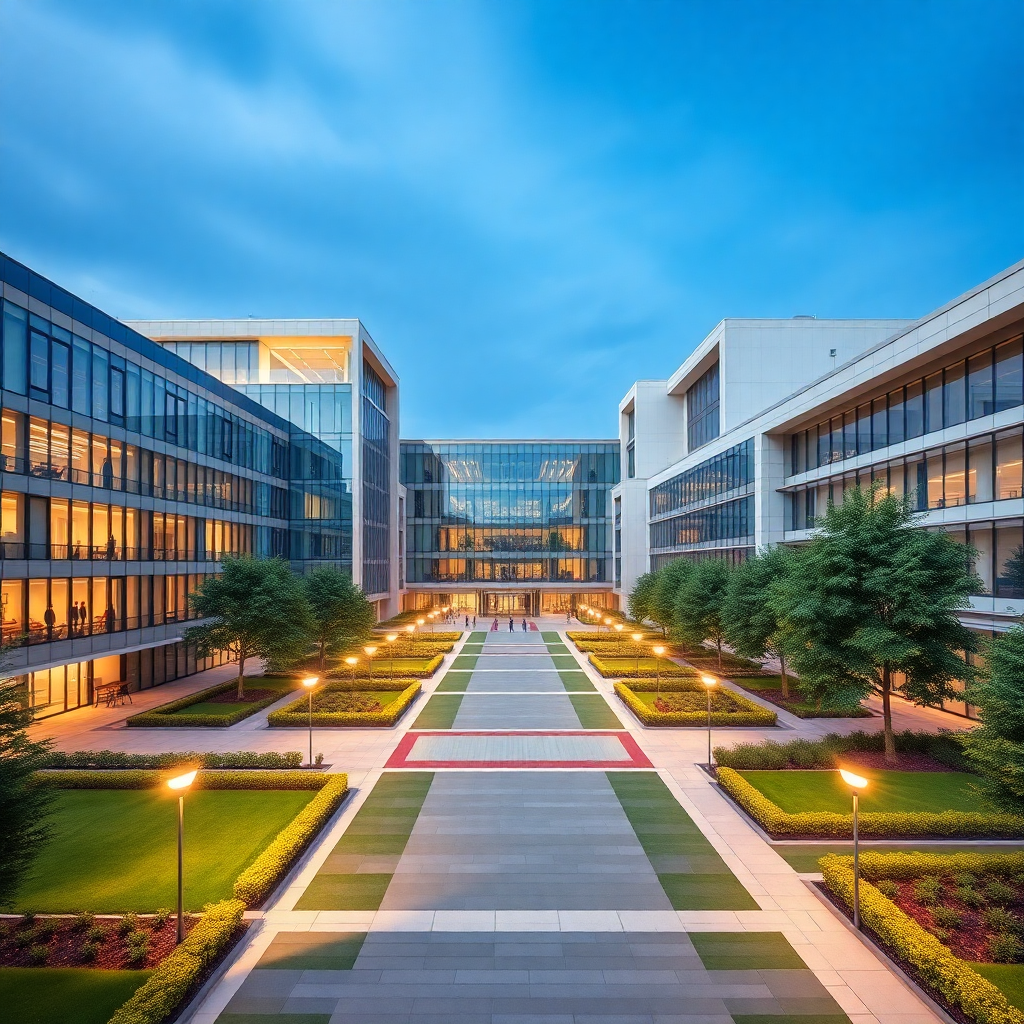 luxurious modern school campus with glass buildings and manicured gardens, educational city vibe