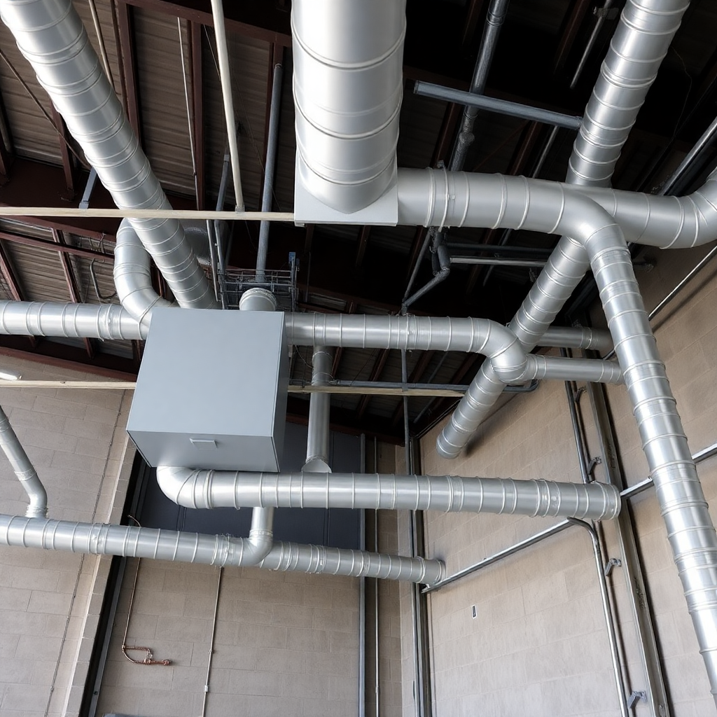 MEP and HVAC installation in industrial building with ductwork and piping