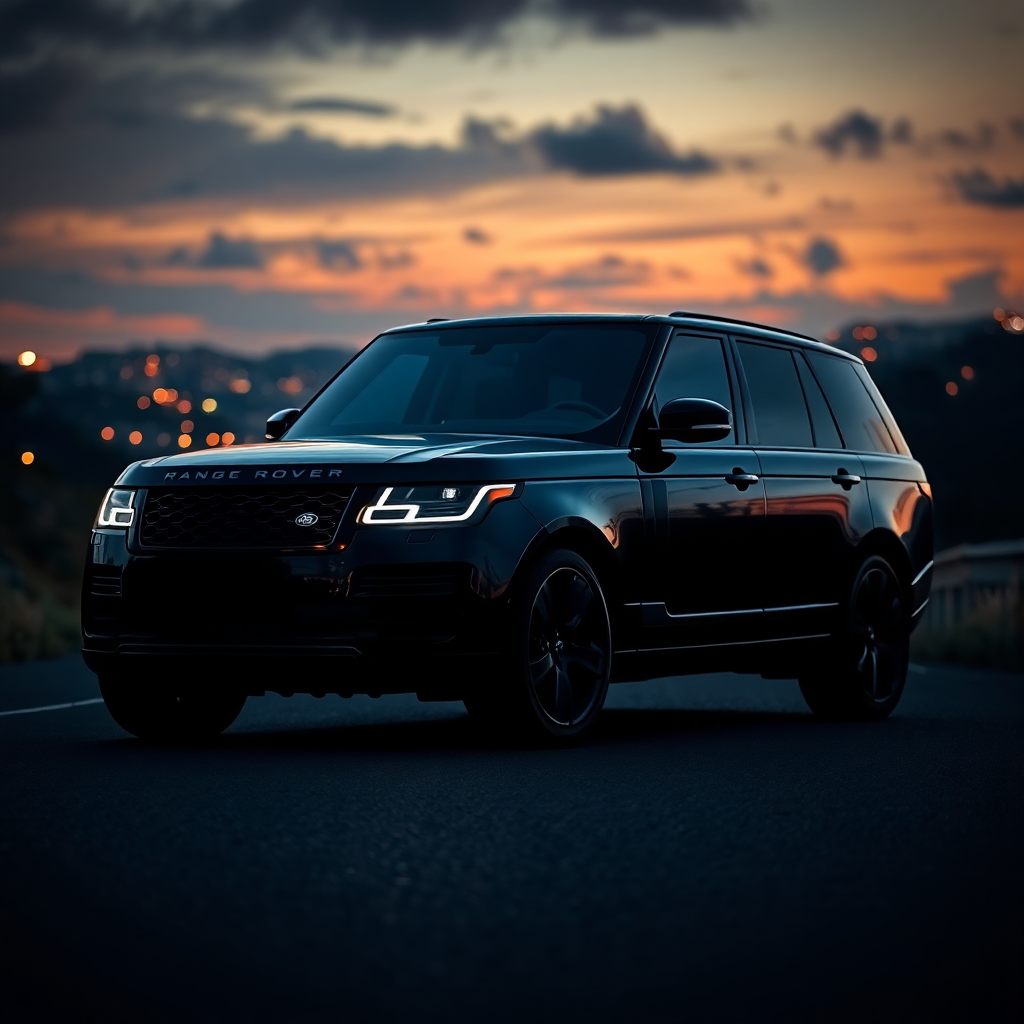 cinematic luxury black SUV Range Rover Bentley on a dramatic road at dusk with golden city lights, ultra-premium automotive photography