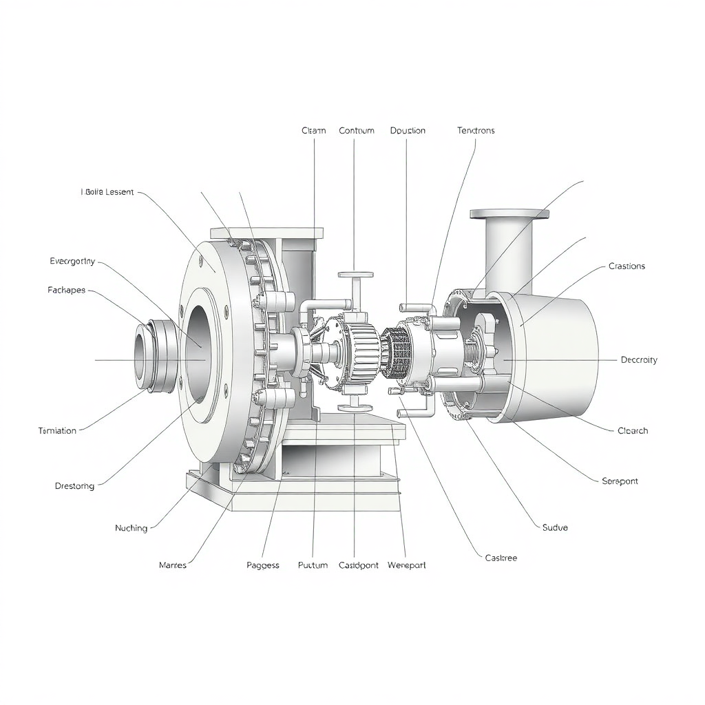 technical diagram of centrifugal pump cross-section with labeled components, clean engineering illustration style