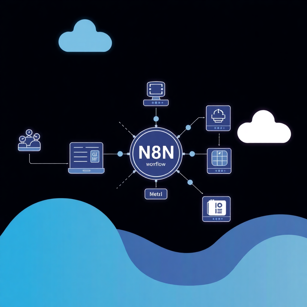 n8n workflow interface showing integration between business systems and meta platforms, professional tech illustration