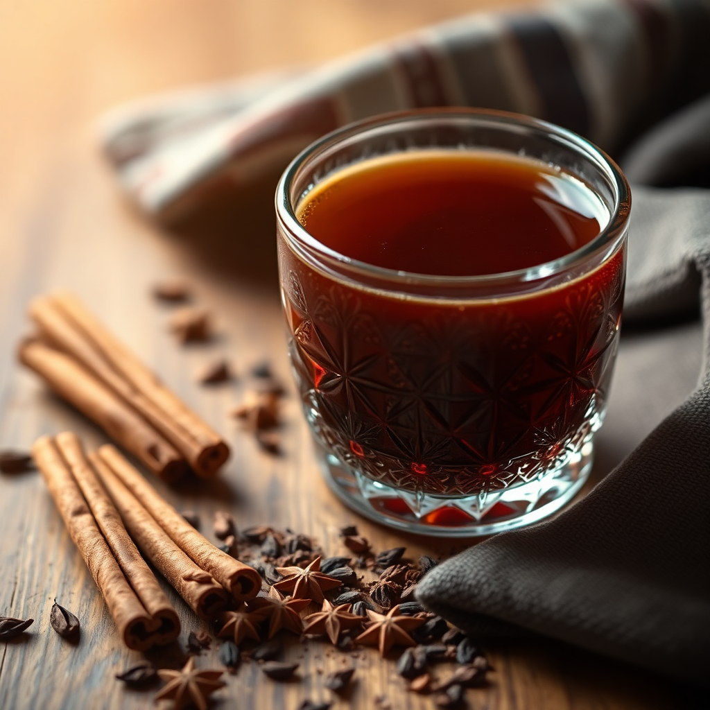 Spiced chai shisha flavor concept, cinnamon sticks, tea leaves, warm lighting, cozy photography