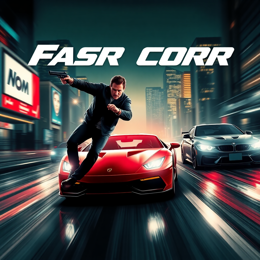 modern action movie poster, fast cars, city lights