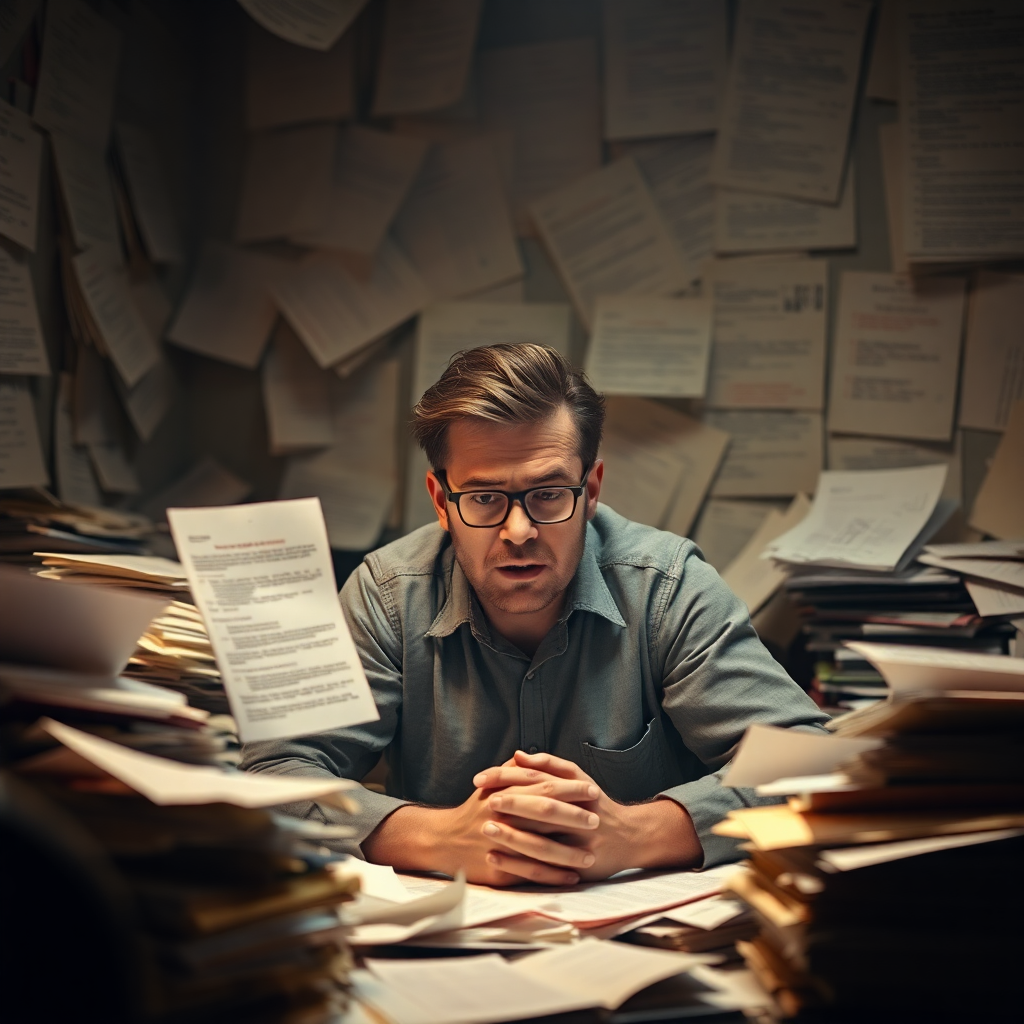 frustrated founder surrounded by messy paperwork