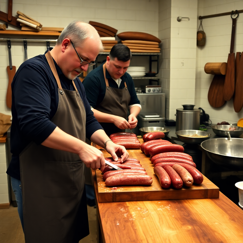 sausage making workshop demonstration, artisan butcher teaching craft, hands-on cooking class, rustic butcher shop setting