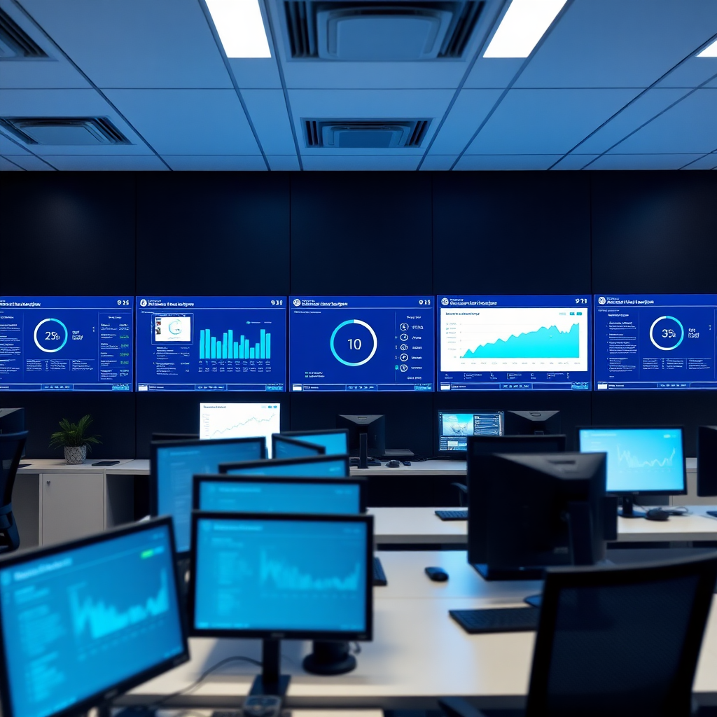 modern financial services customer support center with multiple screens showing AI dashboard, chat interfaces, real-time analytics, professional office environment with navy and cyan lighting