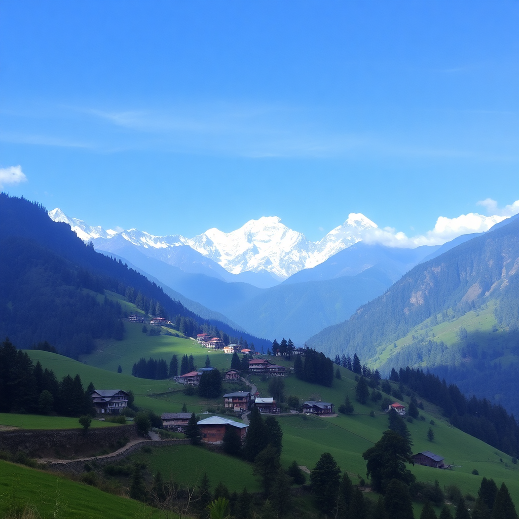 Annapurna Circuit with lush green valleys, traditional villages and snow peaks