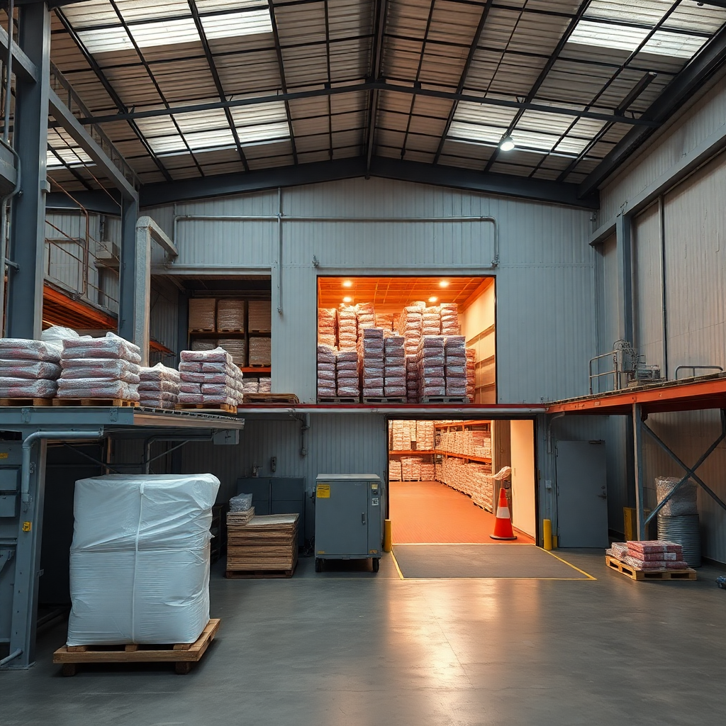 modern warehouse with meat packaging facility and loading dock