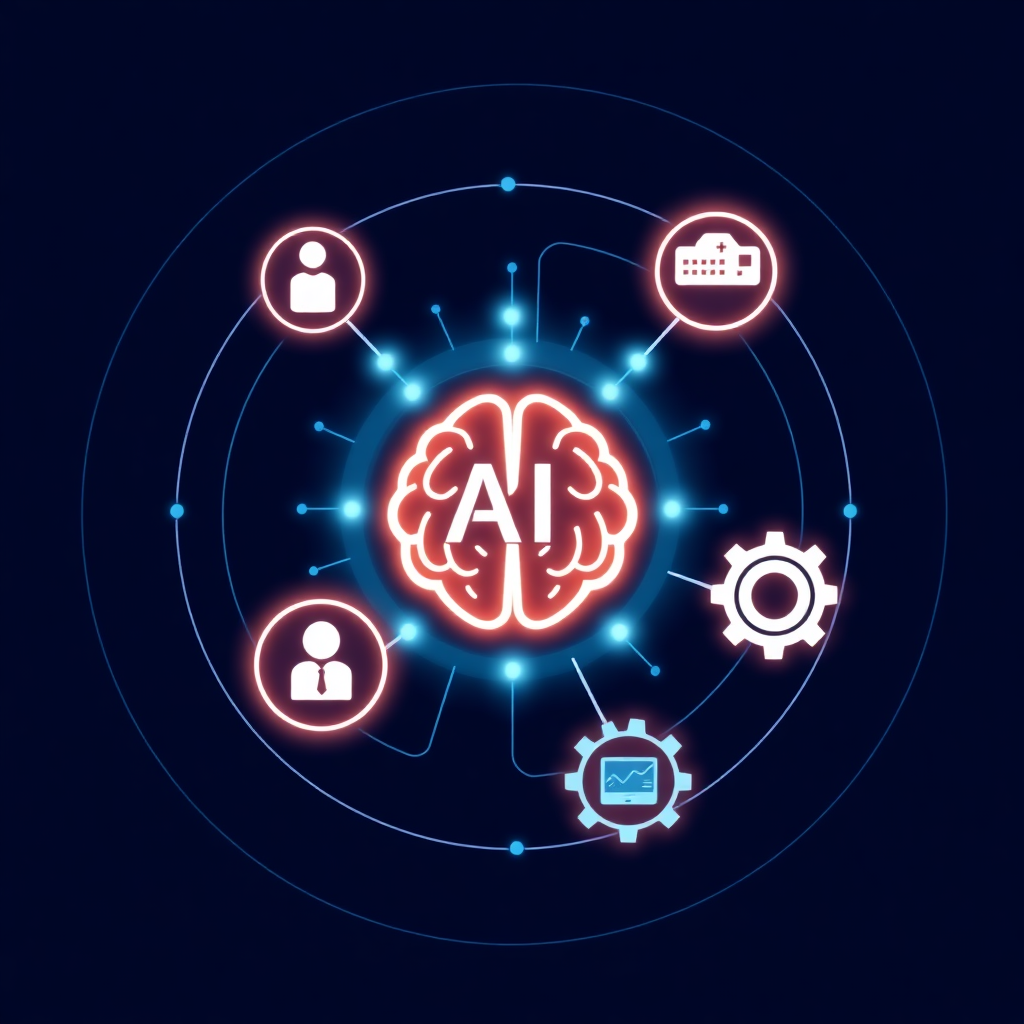 radial infographic showing AI brain core in center with three rings - people icons, data/cloud symbols, automation gears - connected by glowing neural lines, navy blue background with cyan accents, city skyline silhouette, modern tech style