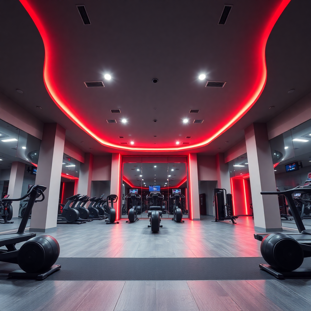 luxury fitness center modern architecture red lighting elite gym interior wide angle
