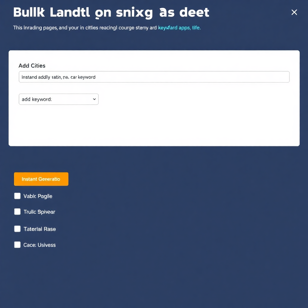 bulk landing page generator interface showing multiple cities being added with keywords and instant generation