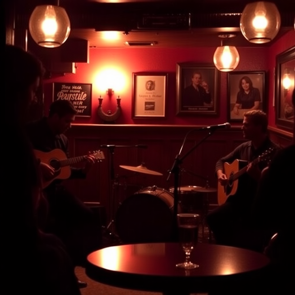 Live acoustic band playing in a dimly lit pub environment, silhouette style.