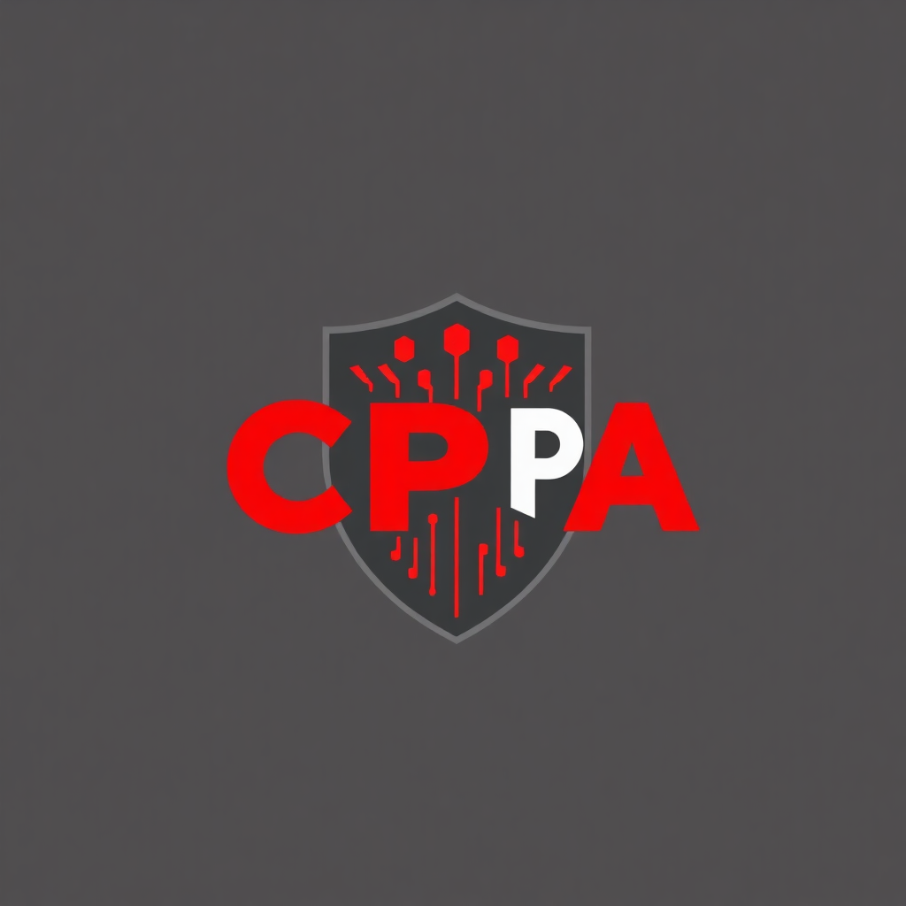 stylized logo for CPPA, a modern shield icon with data stream patterns, clean vector art, red and black
