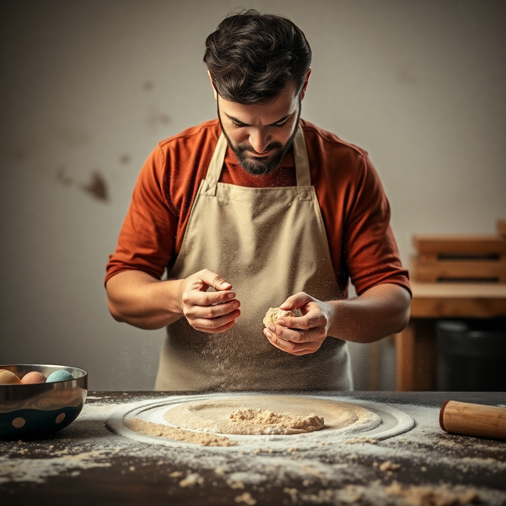 artisan baker kneading cookie dough, flour dust in air, dramatic lighting