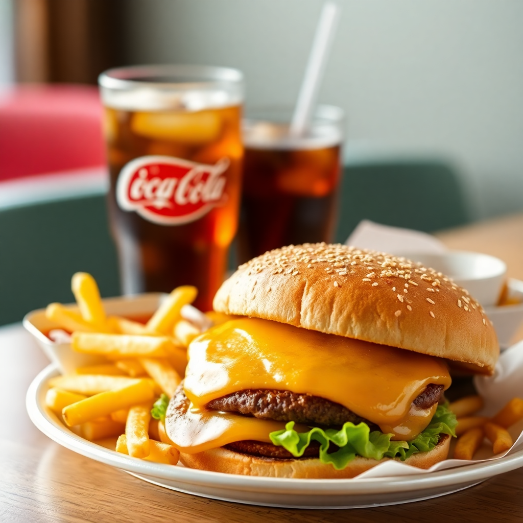 classic hamburger meal with fries and coke