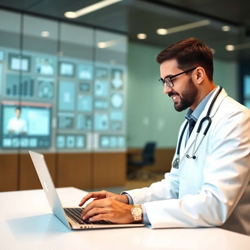Professional doctor consulting patient via laptop