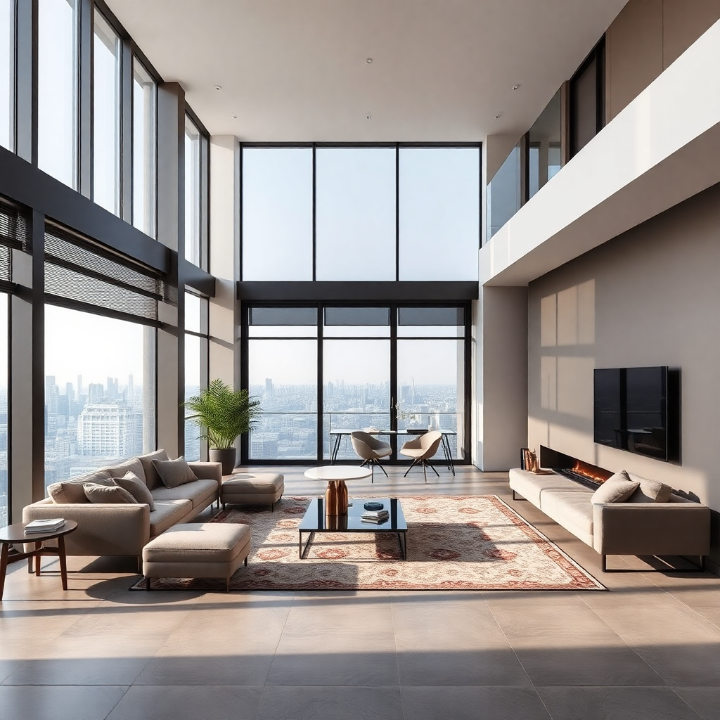 modern penthouse living room large format marble tiles floor to ceiling windows luxury interior