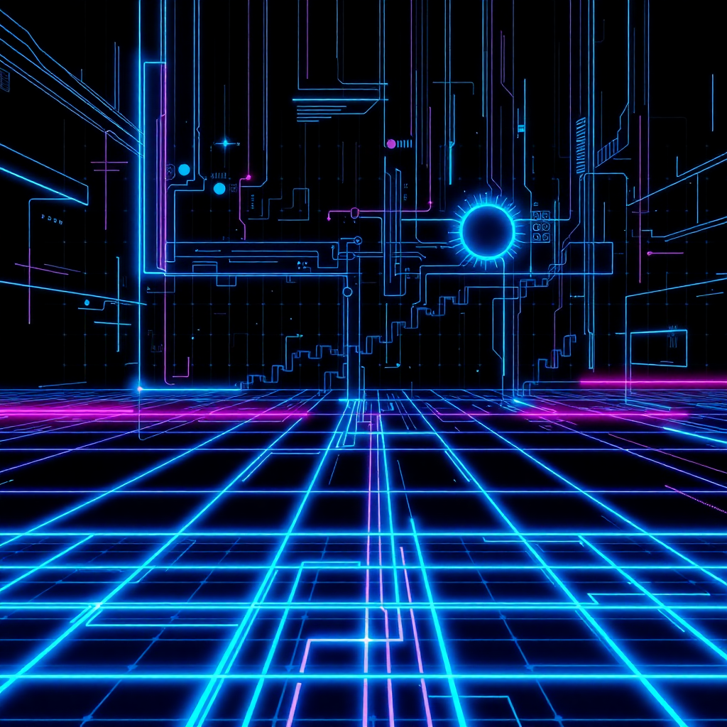 cyberpunk digital grid landscape with neon blue lines and tech elements, dark background