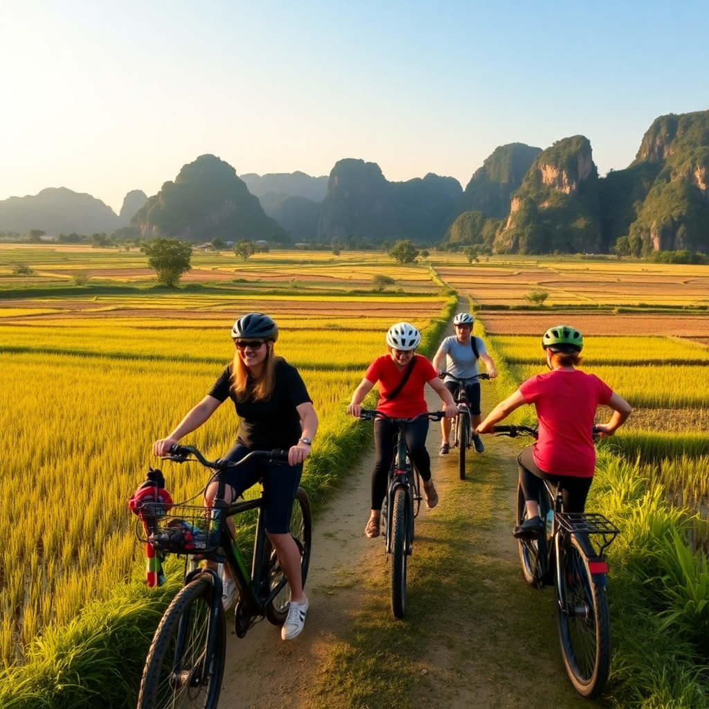 ninh binh vietnam tour with tourists on electric bikes exploring rice fields and limestone mountains