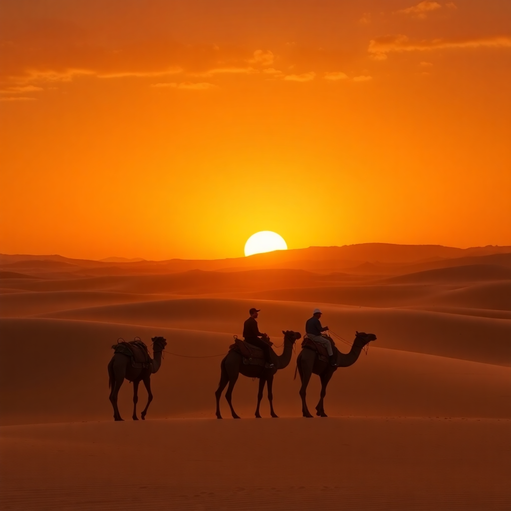 moroccan desert sunset with camels, dramatic landscape, professional travel photography