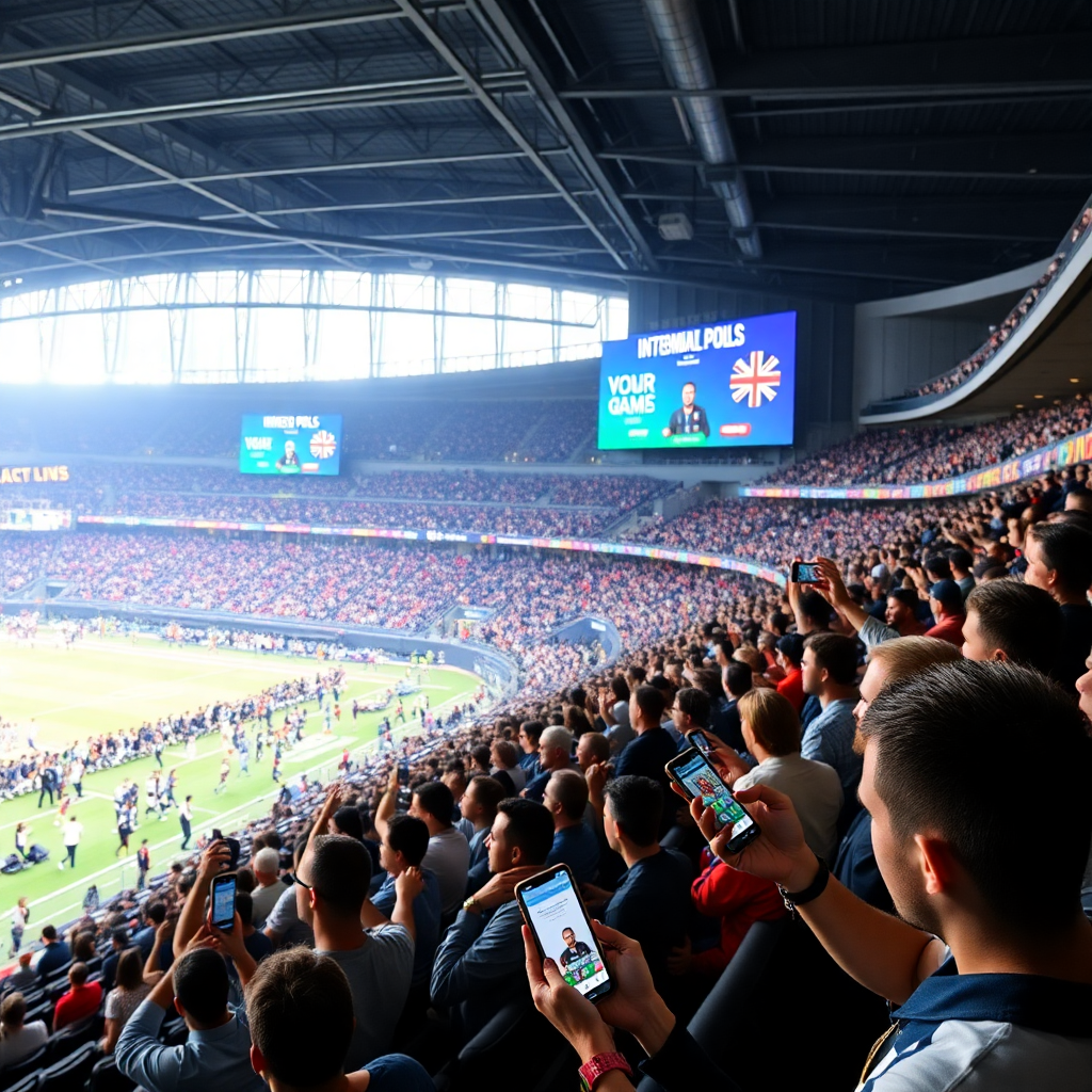 modern stadium interior with engaged fans using mobile phones for interactive games, large screens displaying live polls, energetic crowd participation, digital engagement zones, vibrant sports atmosphere