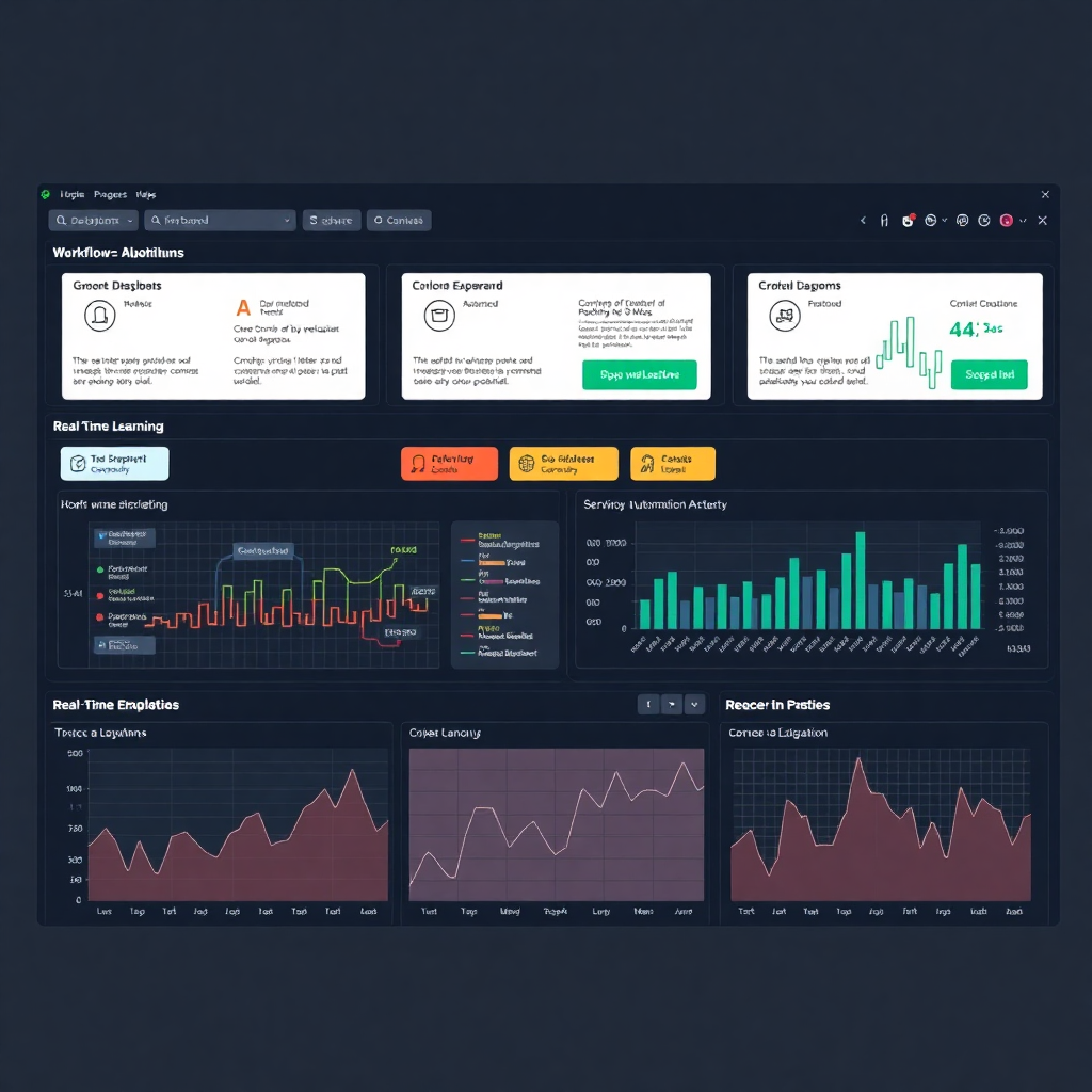 advanced AI automation dashboard with workflow diagrams, machine learning algorithms, and real-time data processing visualization
