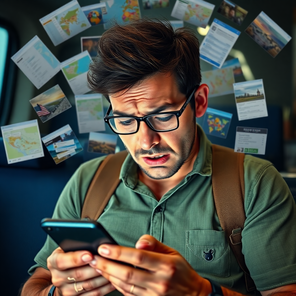 frustrated traveler overwhelmed by multiple travel booking apps on phone, chaotic tabs, stressed expression, cluttered screen, travel chaos, documentary photo style