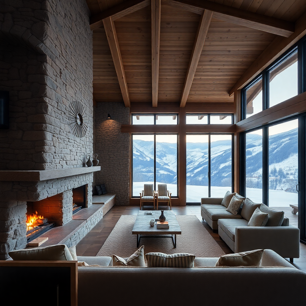 luxury mountain residence interior Escaldes-Engordany Andorra warm stone fireplace floor to ceiling windows Pyrenees view editorial residential photography sophisticated alpine living