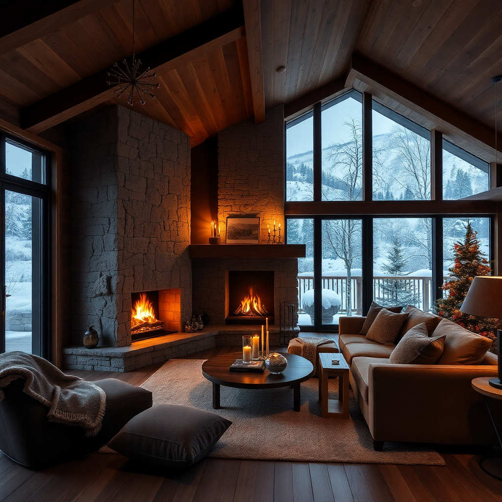 luxury mountain residence interior warm fireplace alpine living room private chalet Andorra Soldeu winter snow editorial photography dark cinematic champagne gold tones family private home atmosphere