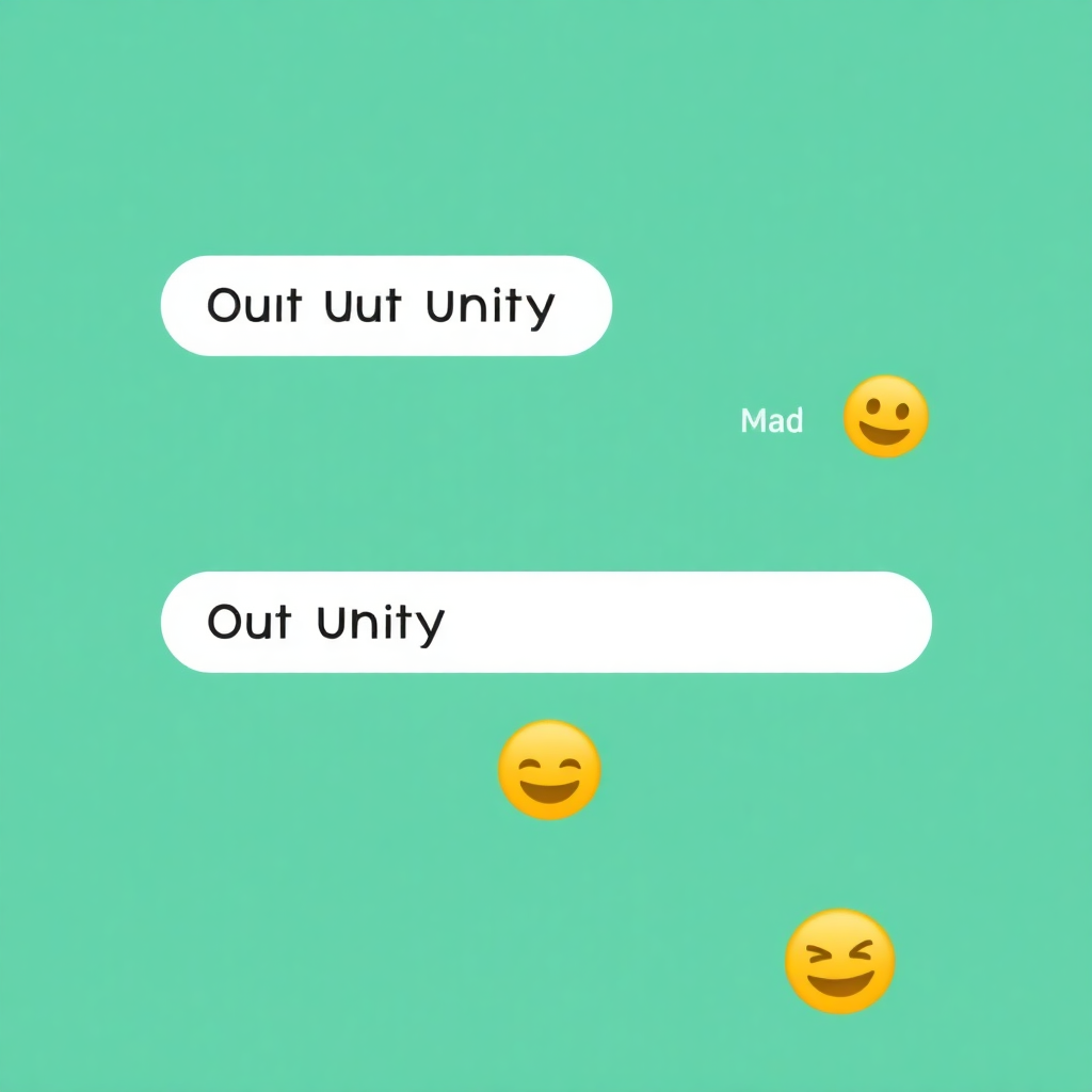 mobile app screenshot of OUT UNITY chat interface with bubble messages and emoji support