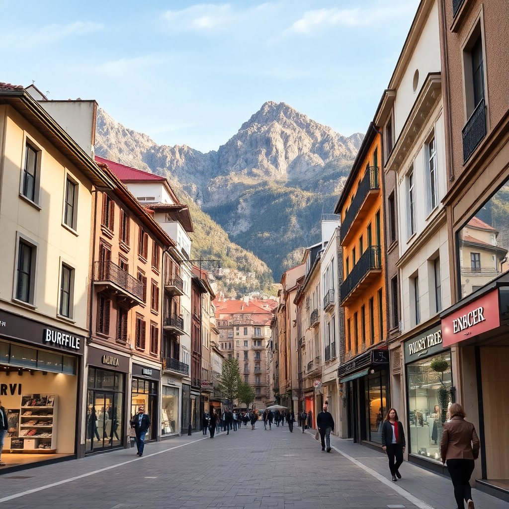 Andorra la Vella luxury shopping avenue duty free boutiques international brands mountain backdrop elegant street editorial photography